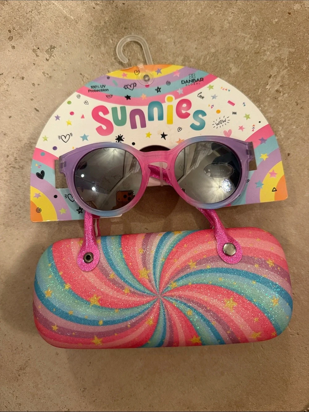 Brand New Sunnies Kids Round Sunglasses with Rainbow Swirl Case